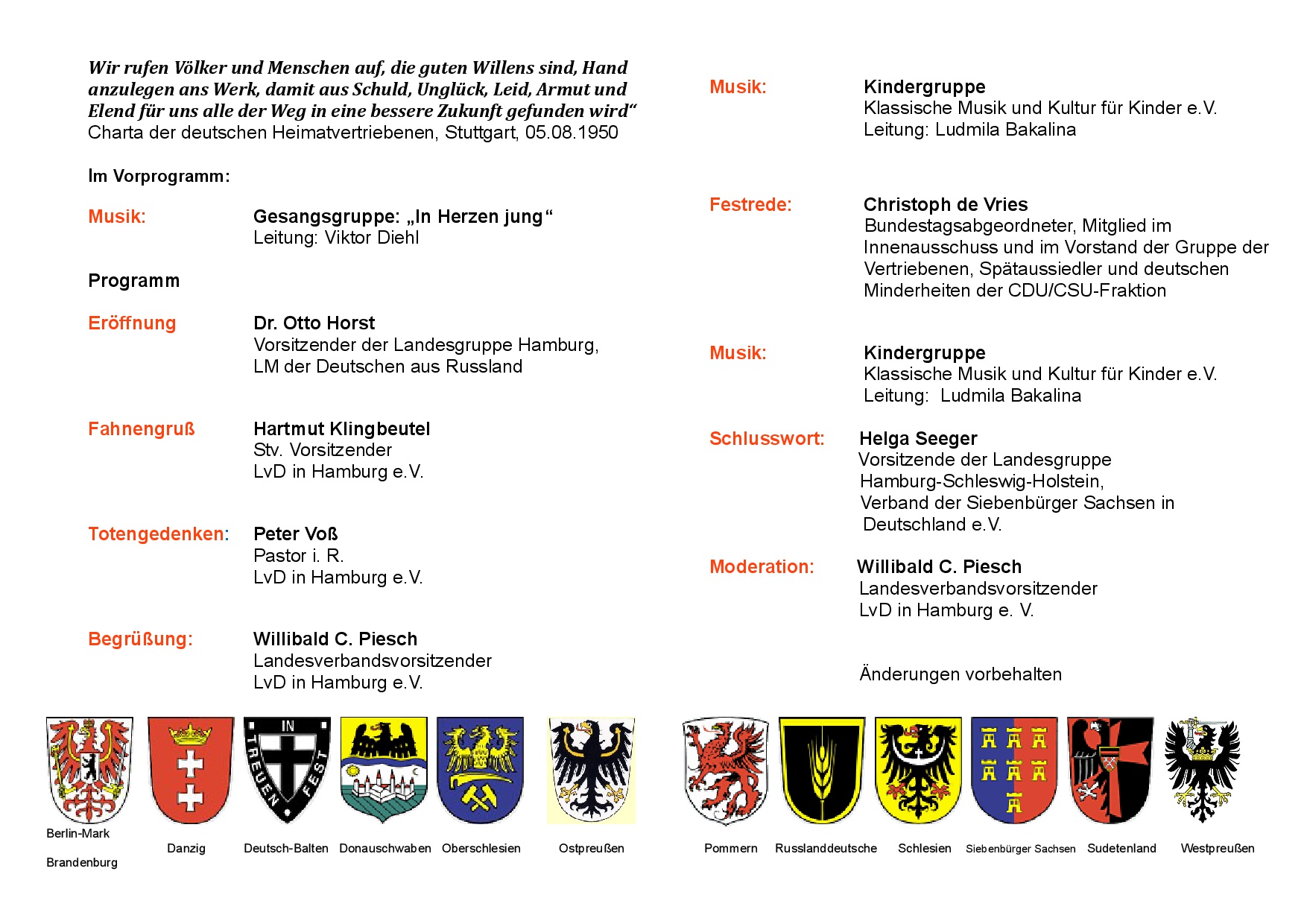 Programm zum Tag der Heimat am 19.9.2020